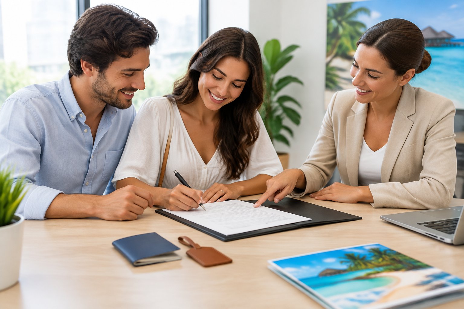 A couple reviews and signs honeymoon booking paperwork with help from a travel consultant.