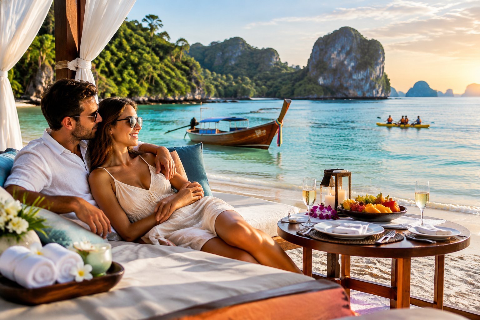 A newlywed couple relaxes at a tropical Thai beach resort beside turquoise water.