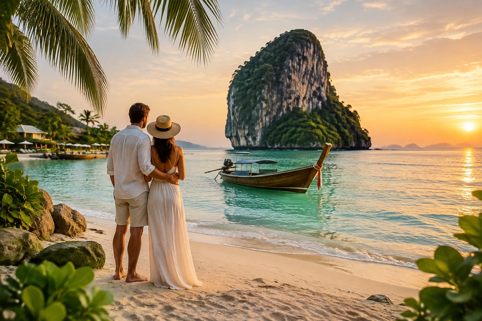 A couple stands on a tropical Thai beach, looking toward a long-tail boat and limestone island.