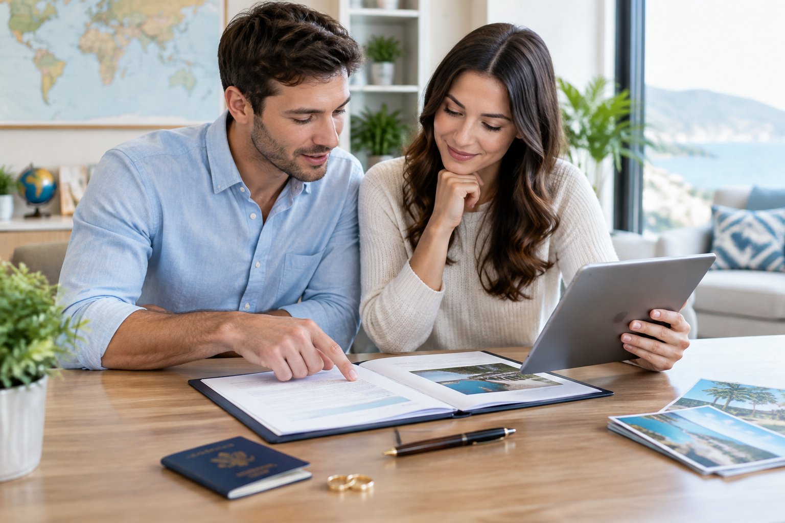A newlywed couple reviews a honeymoon travel agreement together at a desk.