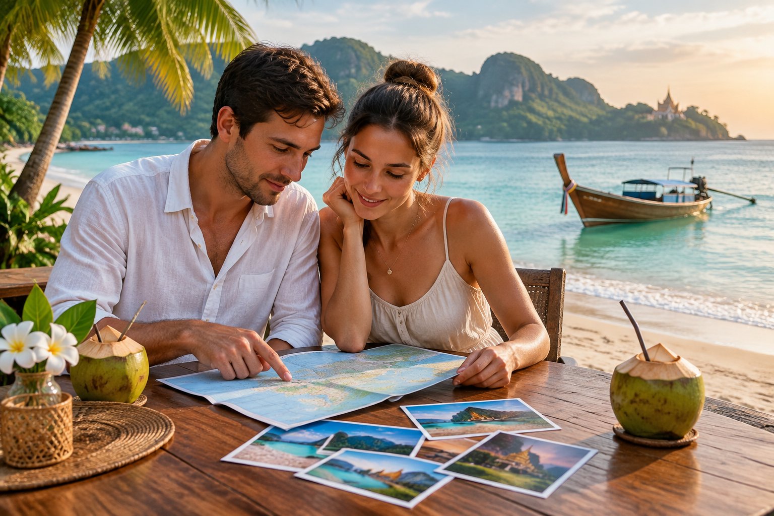 A couple reviews a map together at a table overlooking a tropical Thai beach.