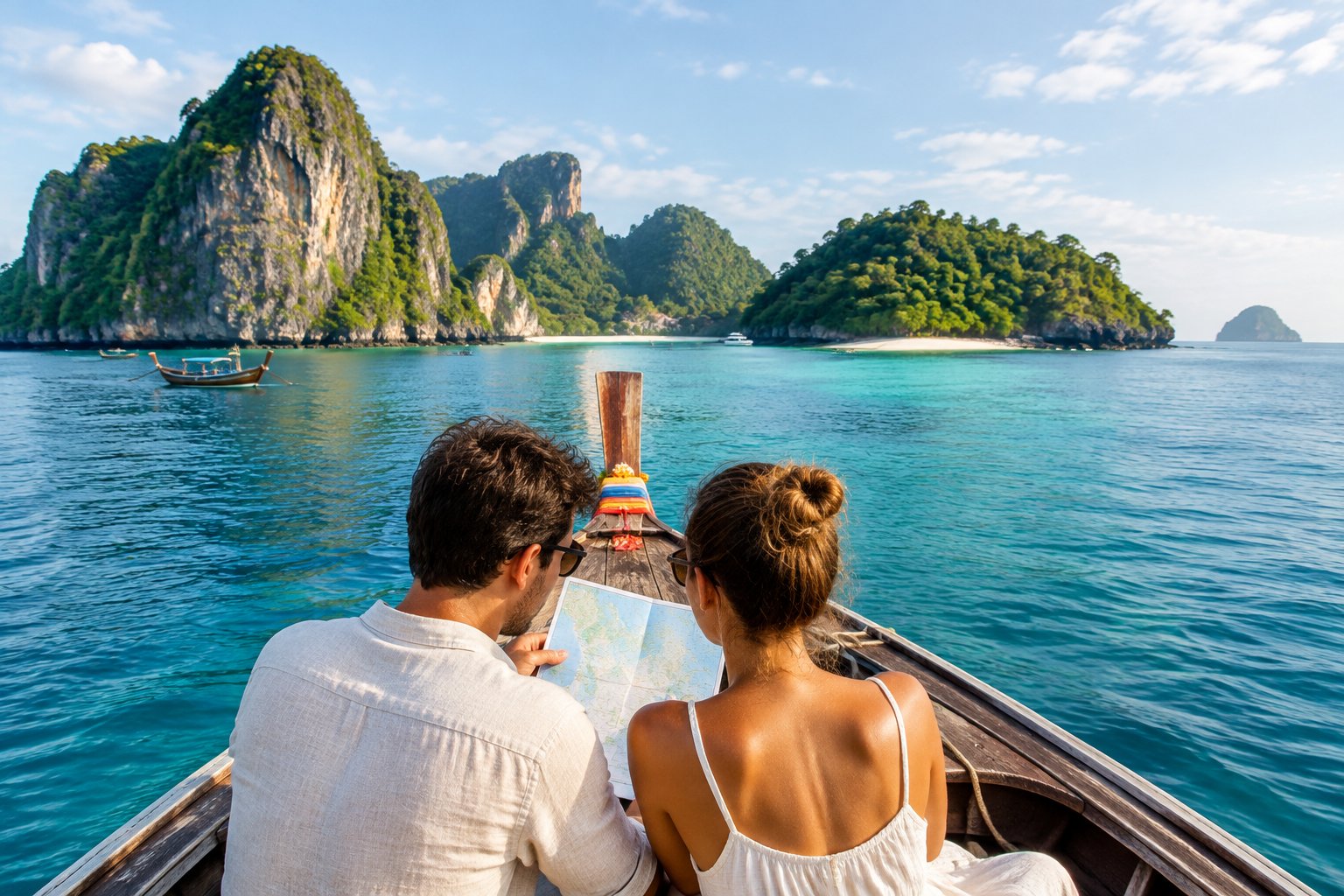 A couple studies a map on a boat near Thailand’s tropical islands.