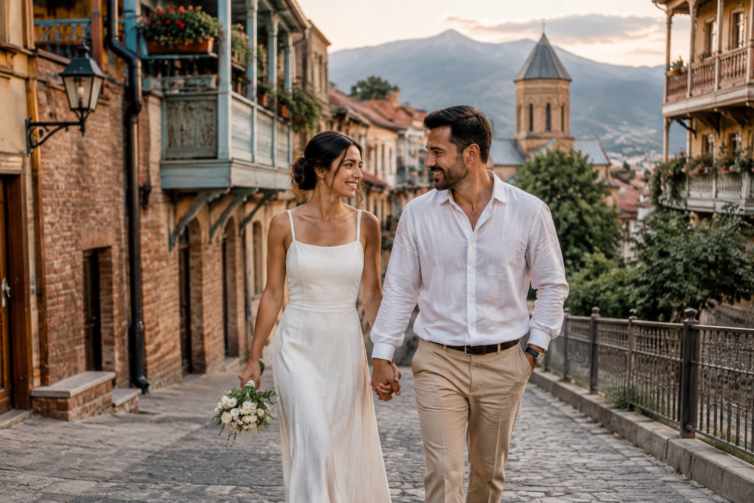 A newlywed couple strolls hand in hand along a historic street in Tbilisi.