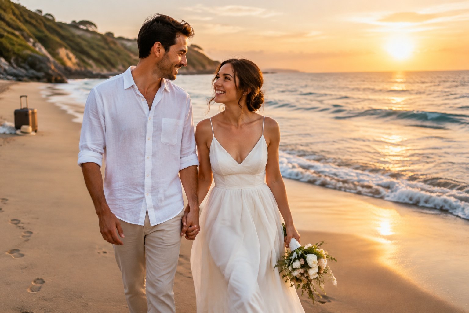 A newlywed couple walks hand in hand along a beach at sunset.