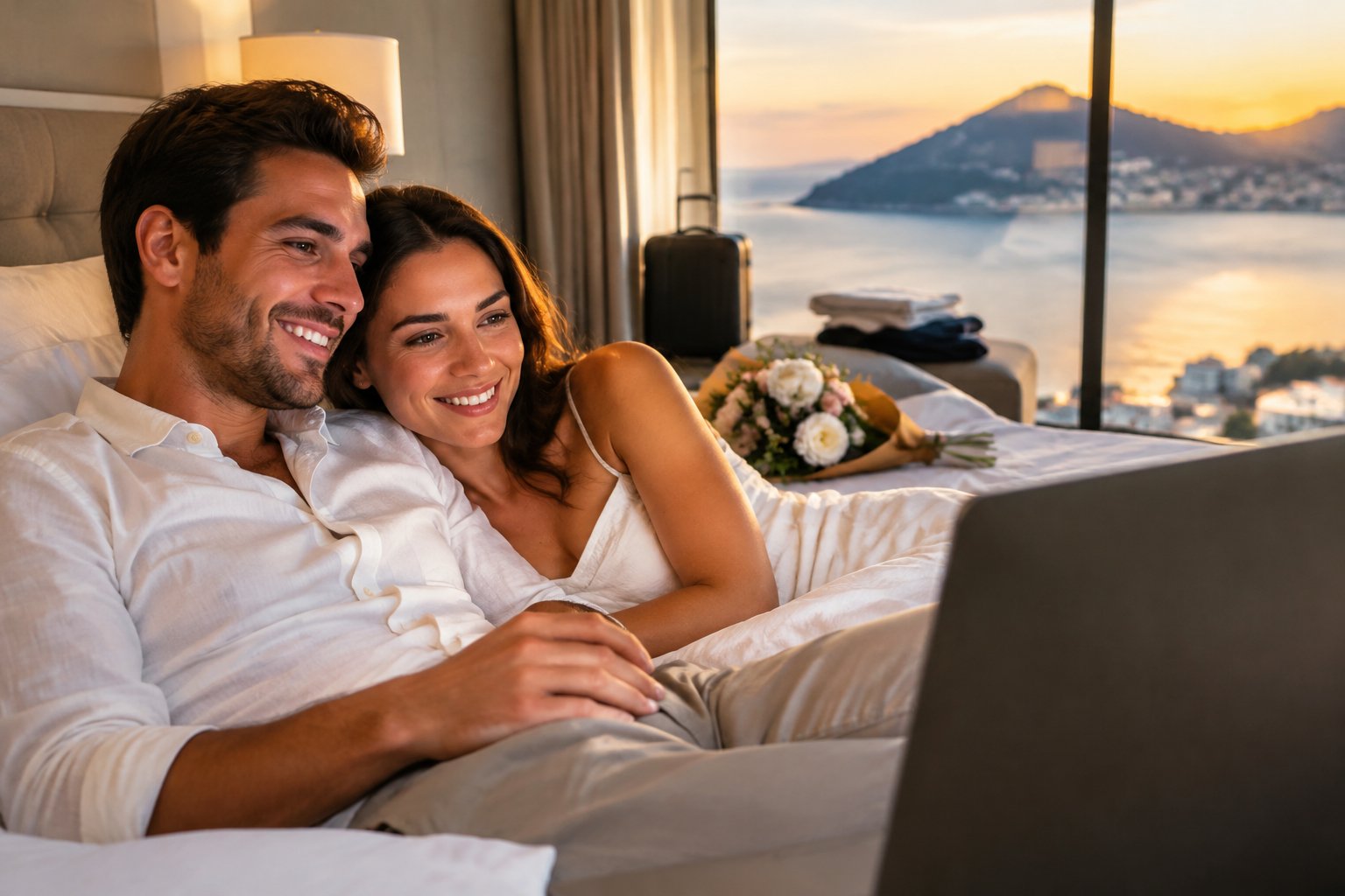 A newlywed couple relaxes together in a hotel suite while watching a film.
