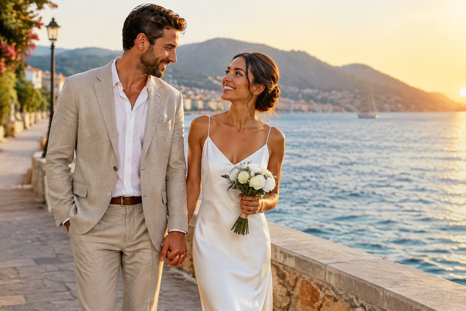 A newly married couple walks hand in hand beside the sea.
