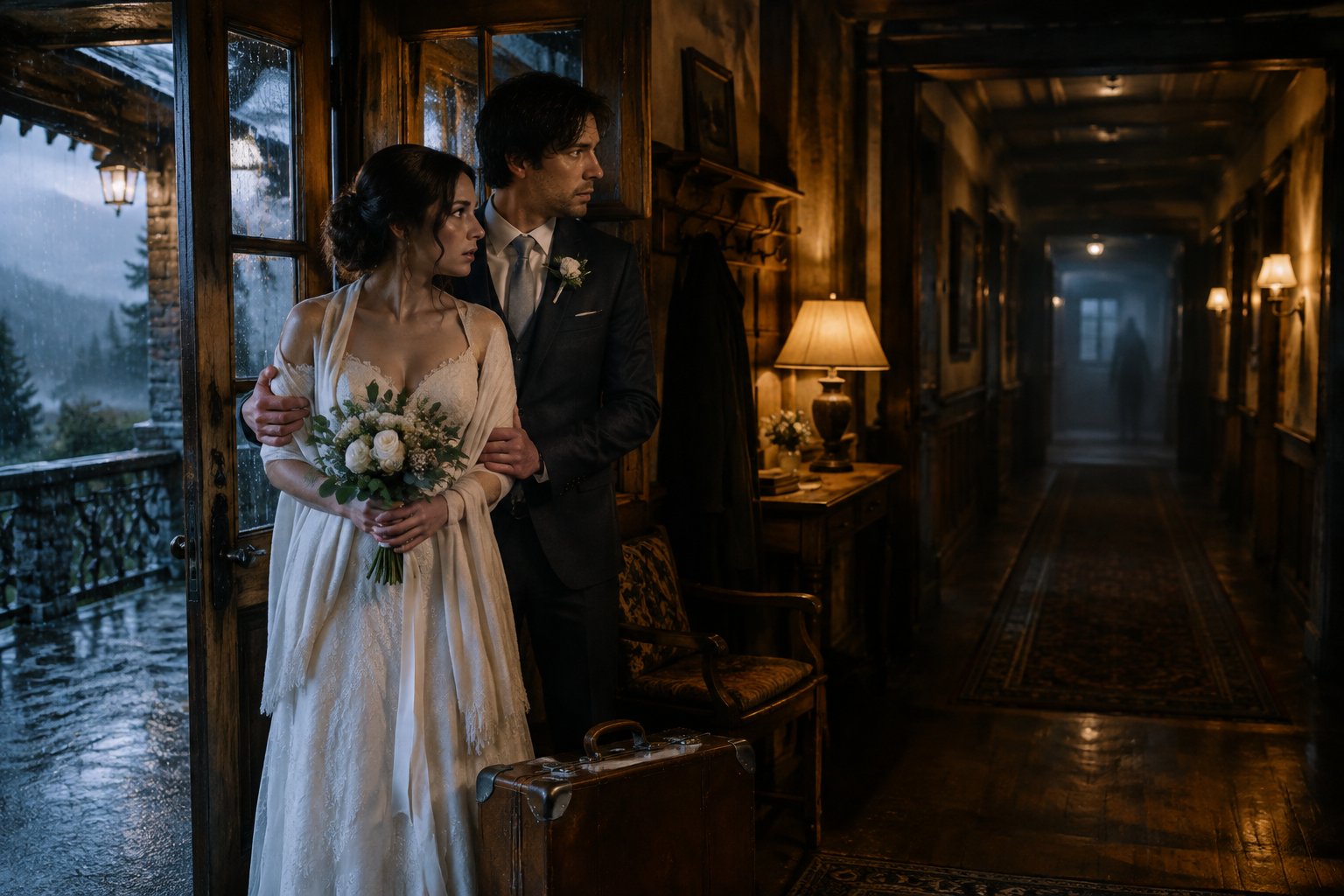 A newlywed couple stands nervously in the entryway of a shadowy inn.