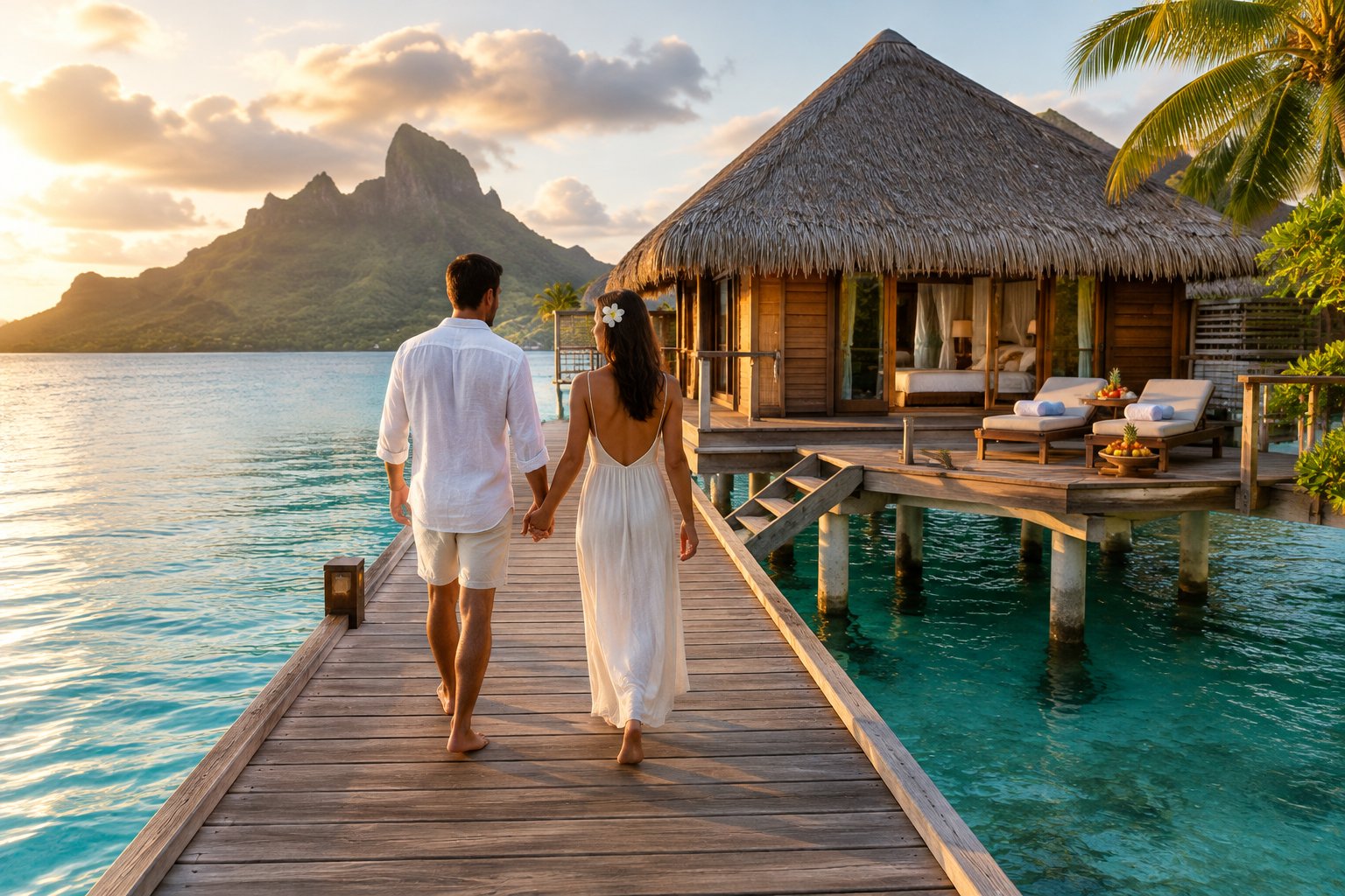 A couple walks hand in hand along a pier toward an overwater bungalow in Bora Bora.