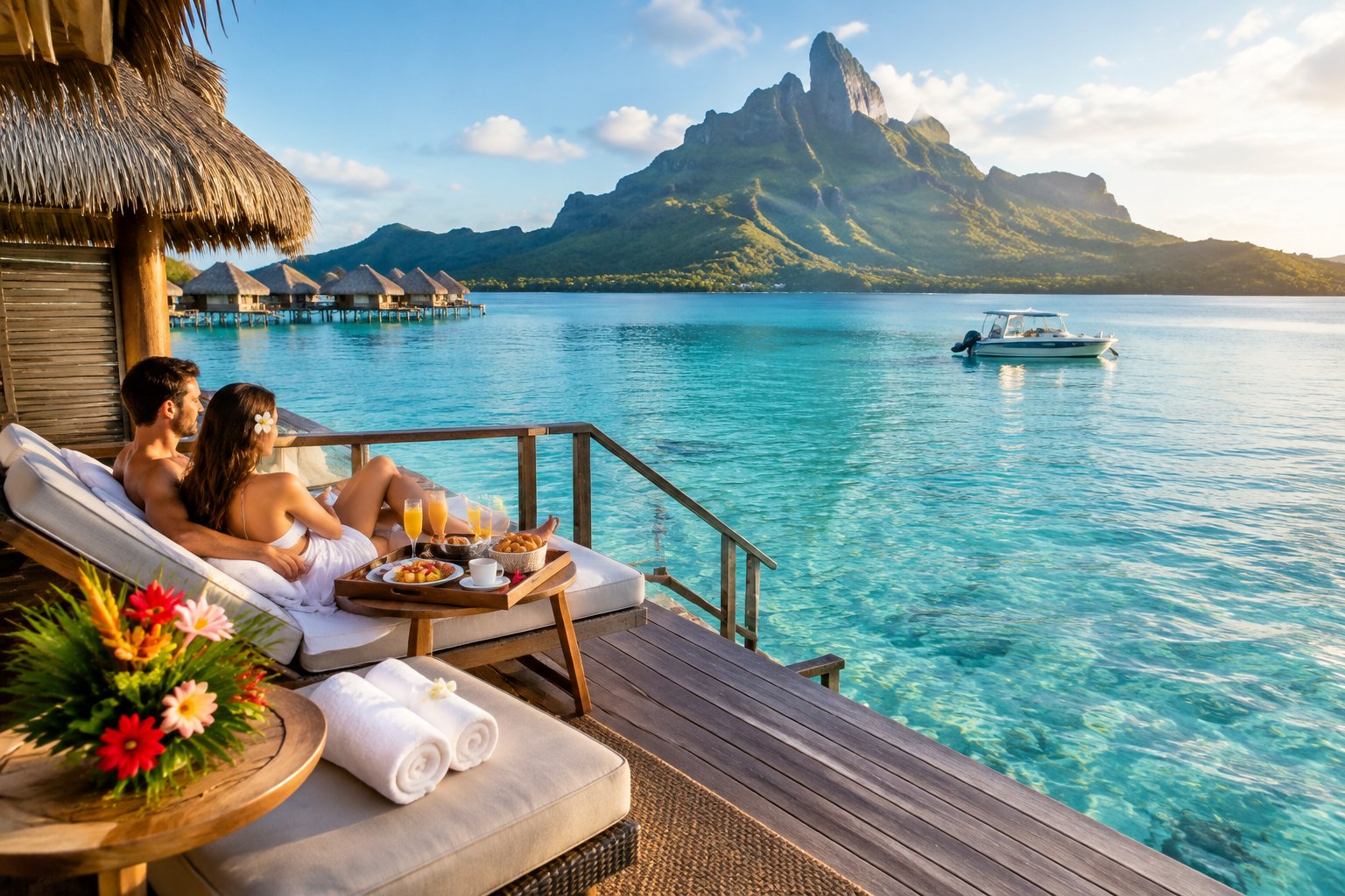 A couple relaxes on an overwater bungalow deck overlooking a turquoise Bora Bora lagoon.