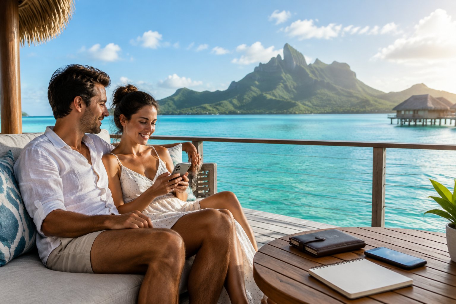 A newlywed couple relaxes on an overwater bungalow deck overlooking Bora Bora’s turquoise lagoon.