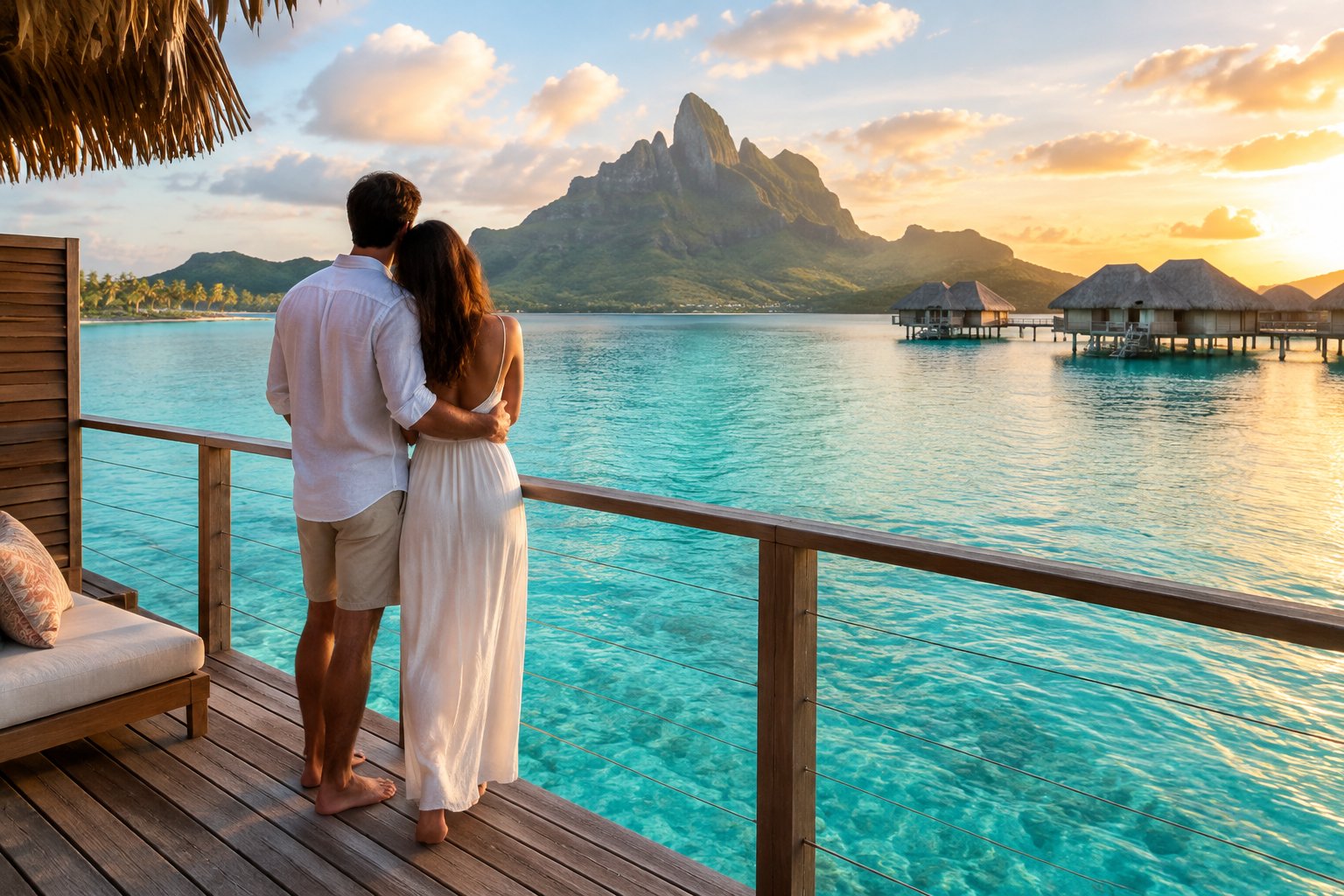 A couple stands on an overwater bungalow deck overlooking Bora Bora’s turquoise lagoon and Mount Otemanu.