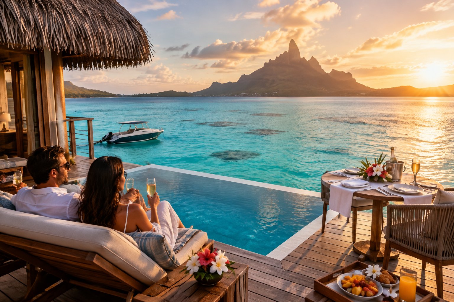 A couple relaxes on an overwater bungalow deck overlooking Bora Bora’s turquoise lagoon and Mount Otemanu.