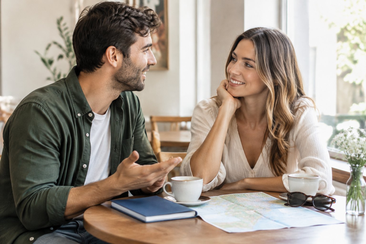 A newlywed couple shares a relaxed conversation at a café table.