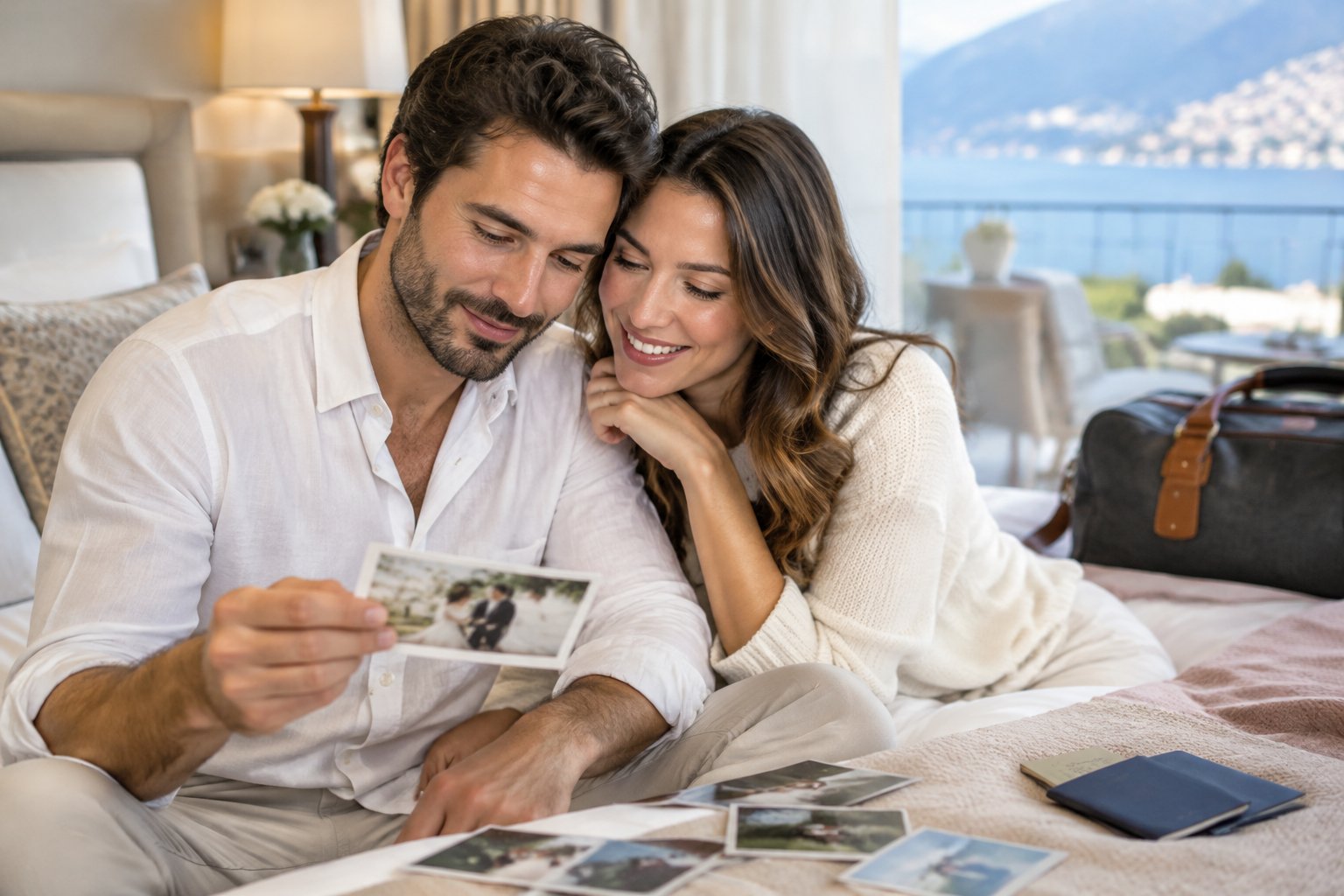 A newlywed couple looks through wedding photographs together in a hotel suite.