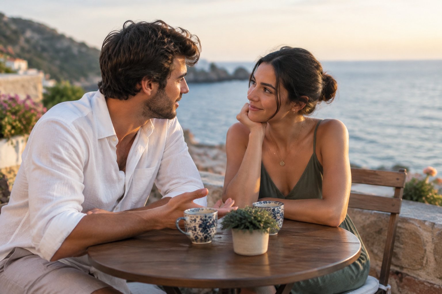 A newlywed couple shares a thoughtful conversation at a seaside café.