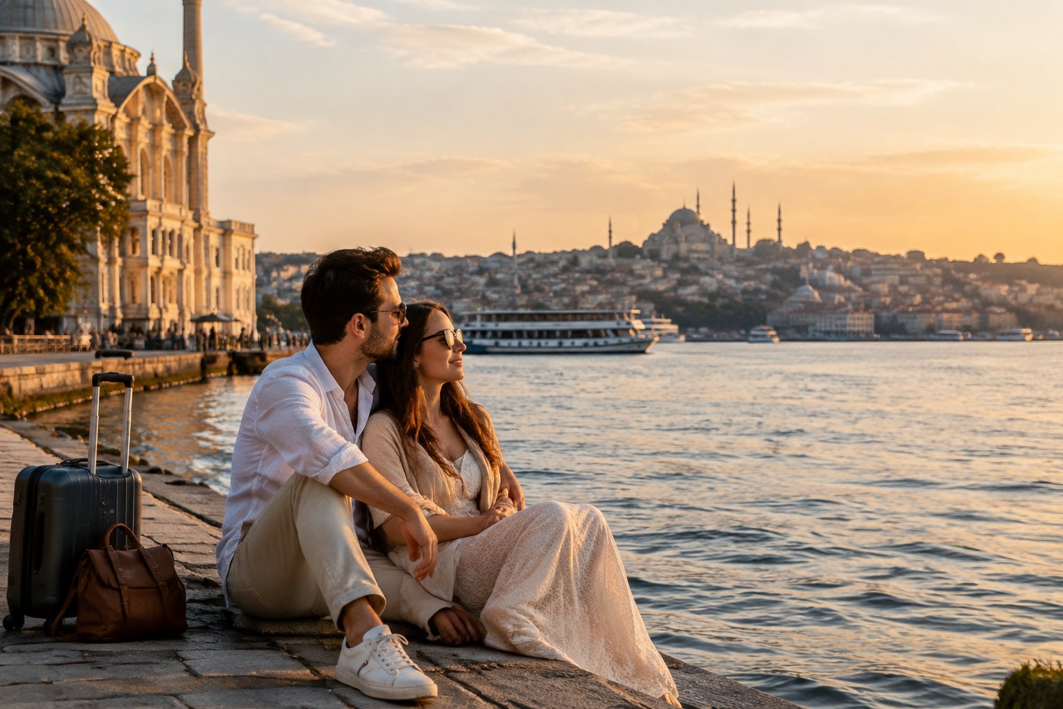 A newly married couple shares a quiet moment beside a scenic waterfront with historic buildings in the distance.