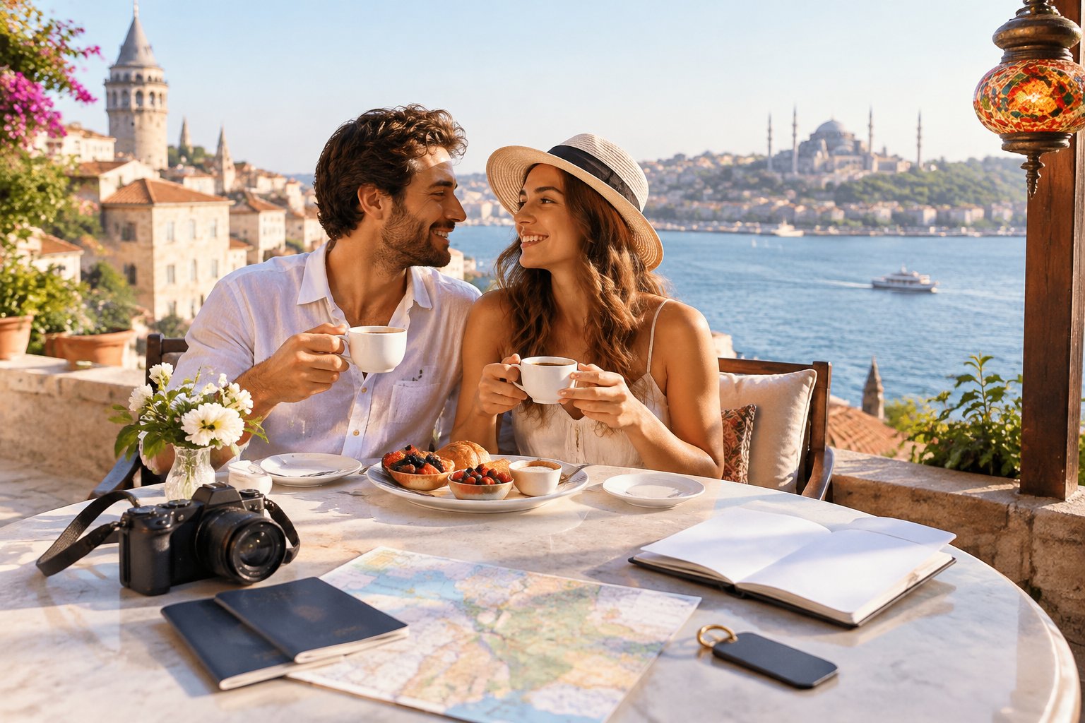 A newlywed couple shares breakfast on a seaside terrace with travel items nearby.