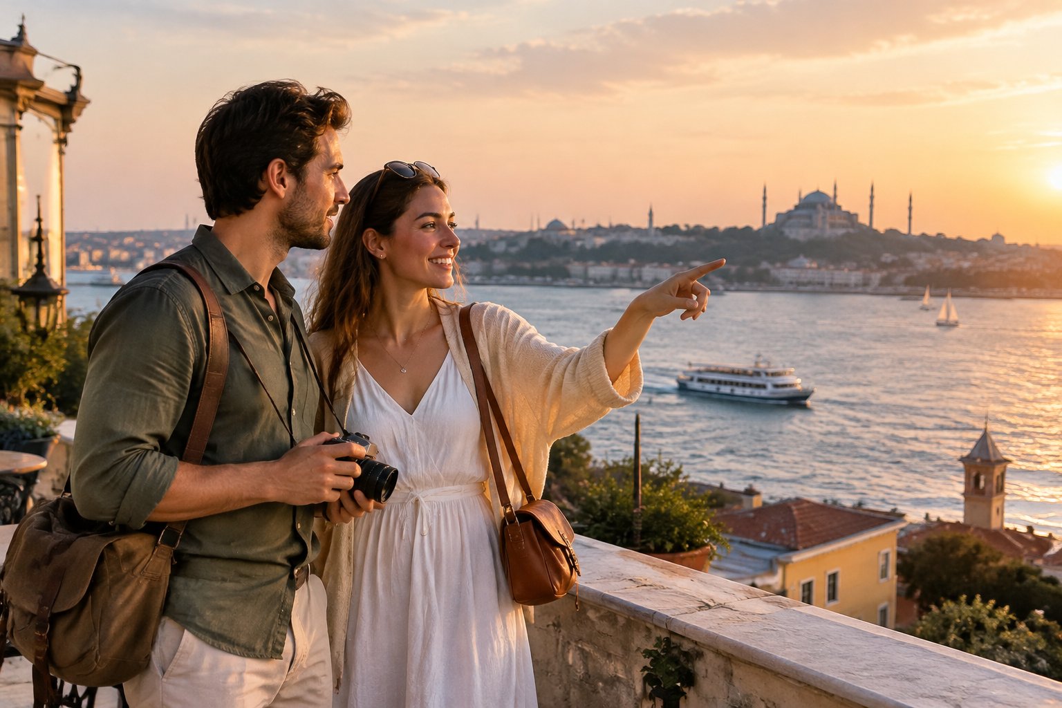A couple looks out over the Bosphorus from a coastal terrace.