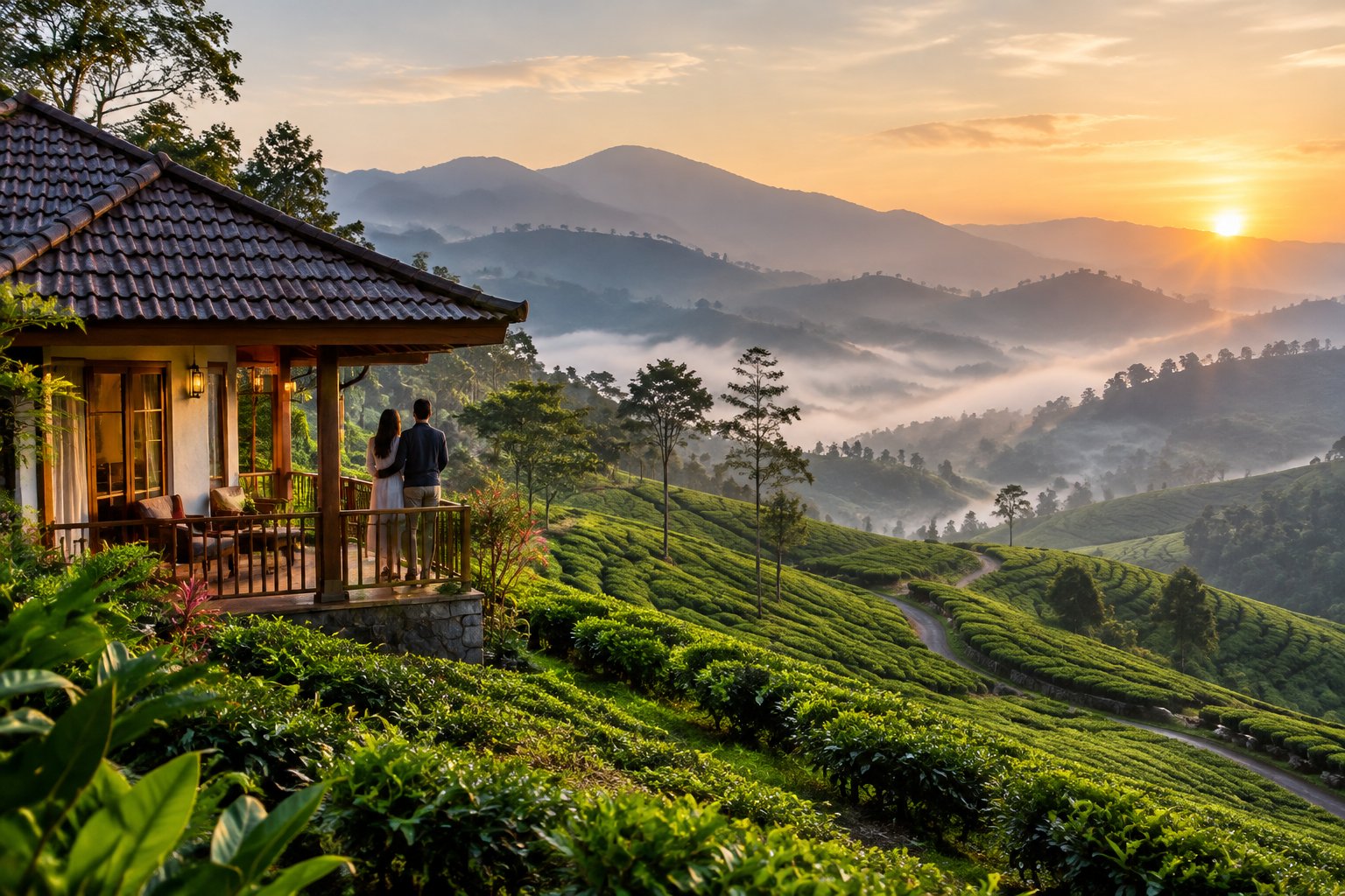 A couple stands on a hillside resort veranda overlooking misty tea plantations in Munnar.