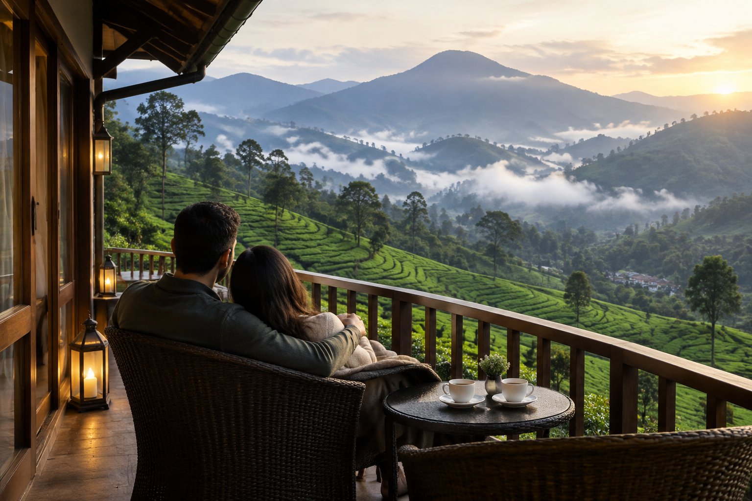 A couple stands together on a resort balcony overlooking misty tea plantations in Munnar.