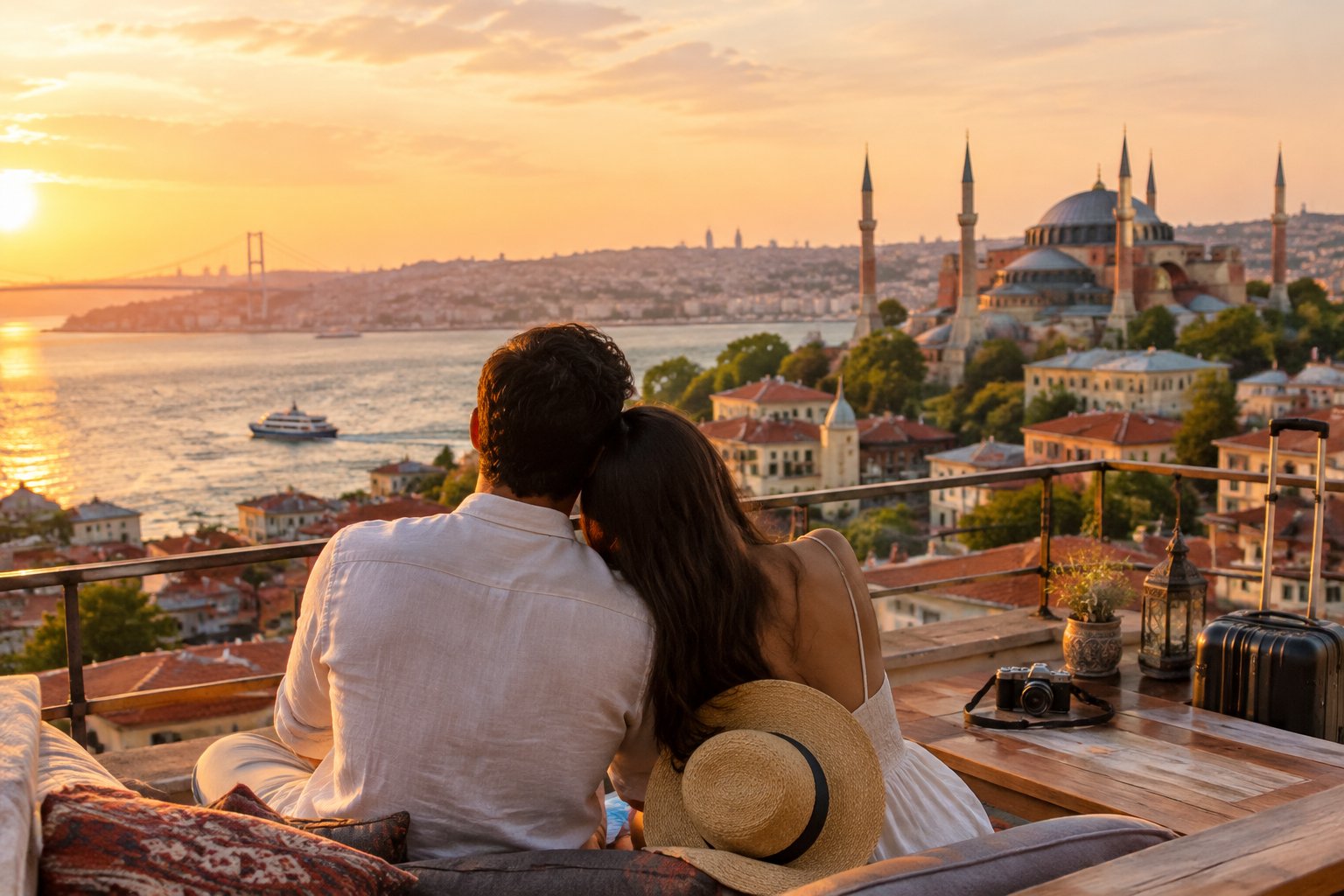 A newlywed couple looks out over Istanbul and the Bosphorus from a terrace.