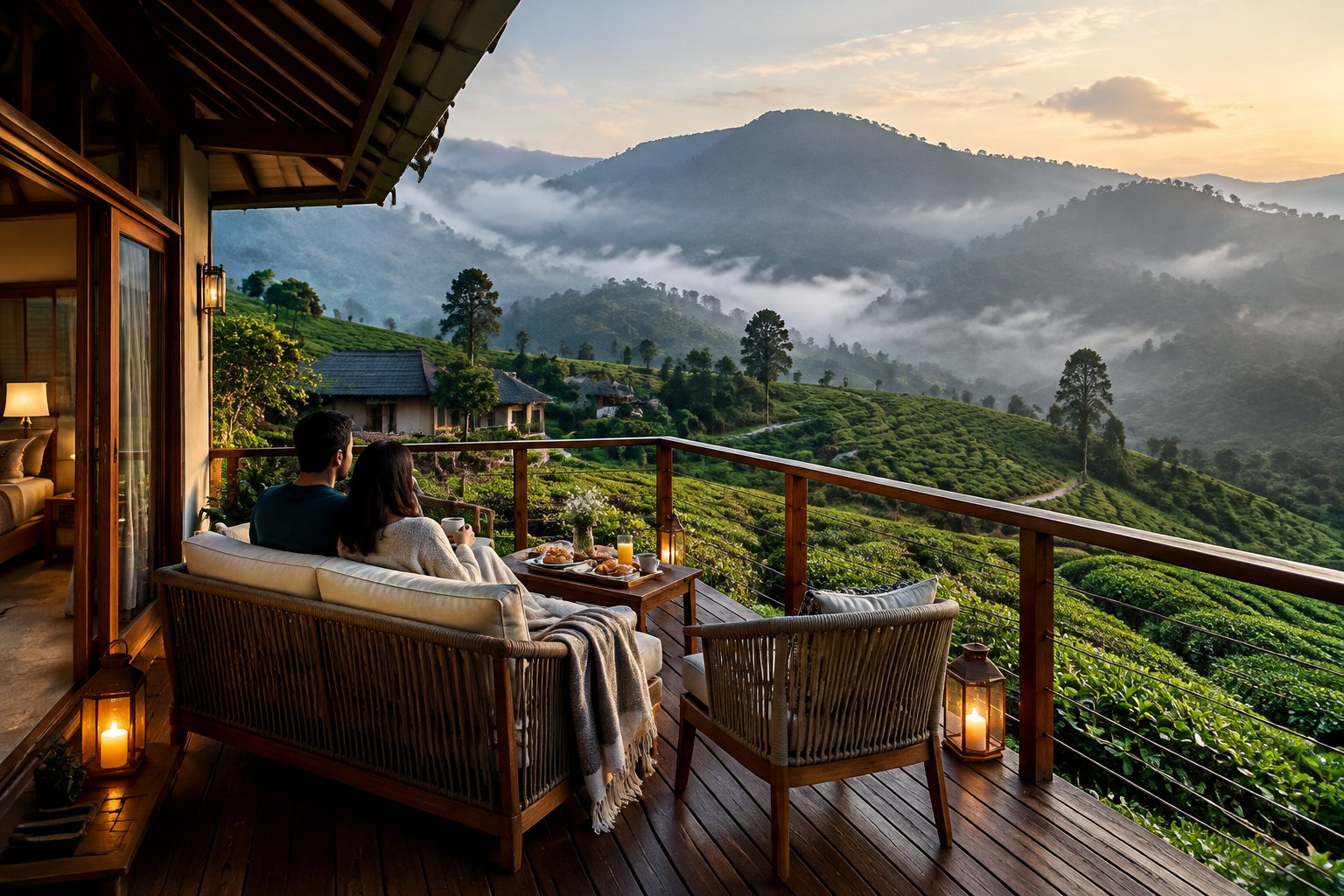 A couple relaxes on a resort balcony overlooking Munnar’s tea-covered hills.