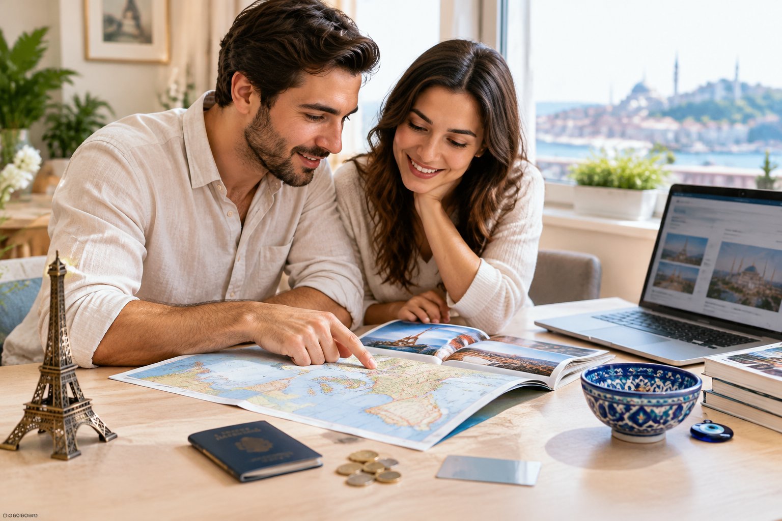 A newlywed couple reviews honeymoon travel plans and budget at a desk.