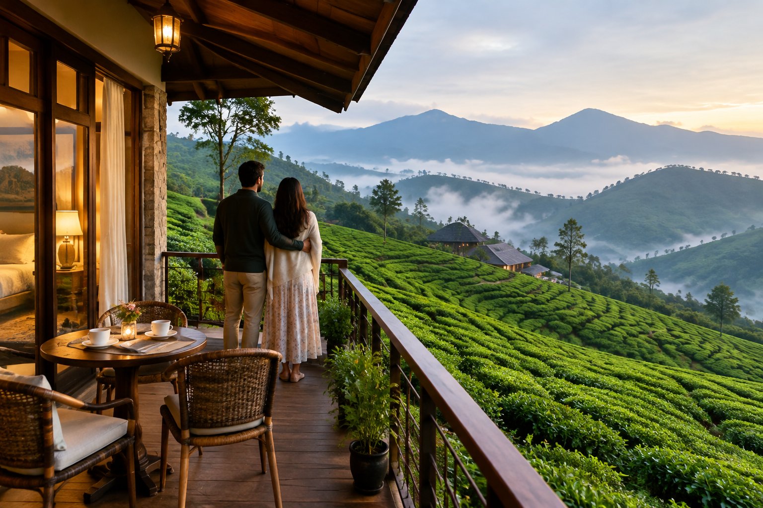A couple admires misty tea-covered hills from a resort veranda in Munnar.