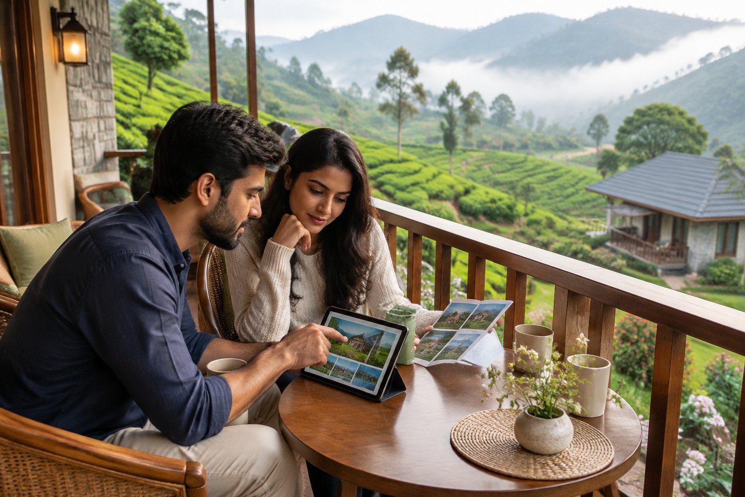 A couple compares resort options on a balcony overlooking Munnar’s tea-covered hills.