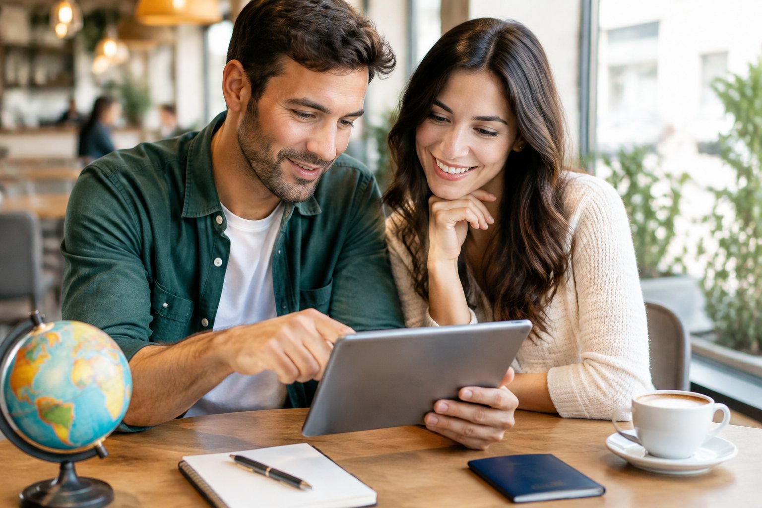 A newlywed couple discusses honeymoon plans while looking at a tablet.