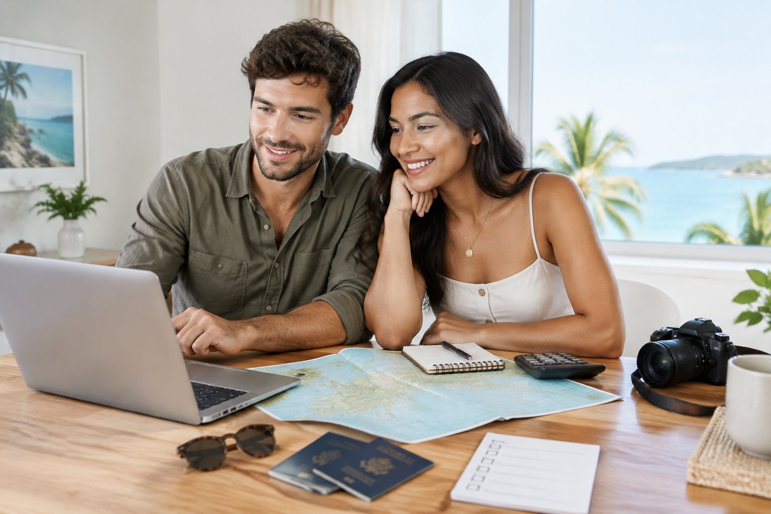 A newlywed couple plans their honeymoon together at a table with a laptop, map, and travel essentials.