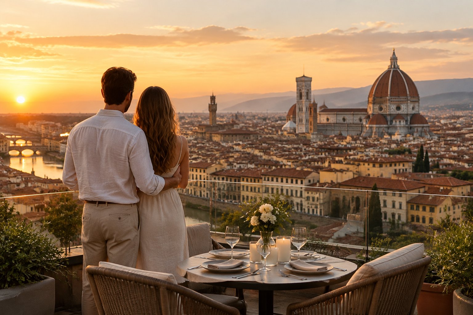 A couple stands on a rooftop terrace overlooking Florence at sunset.