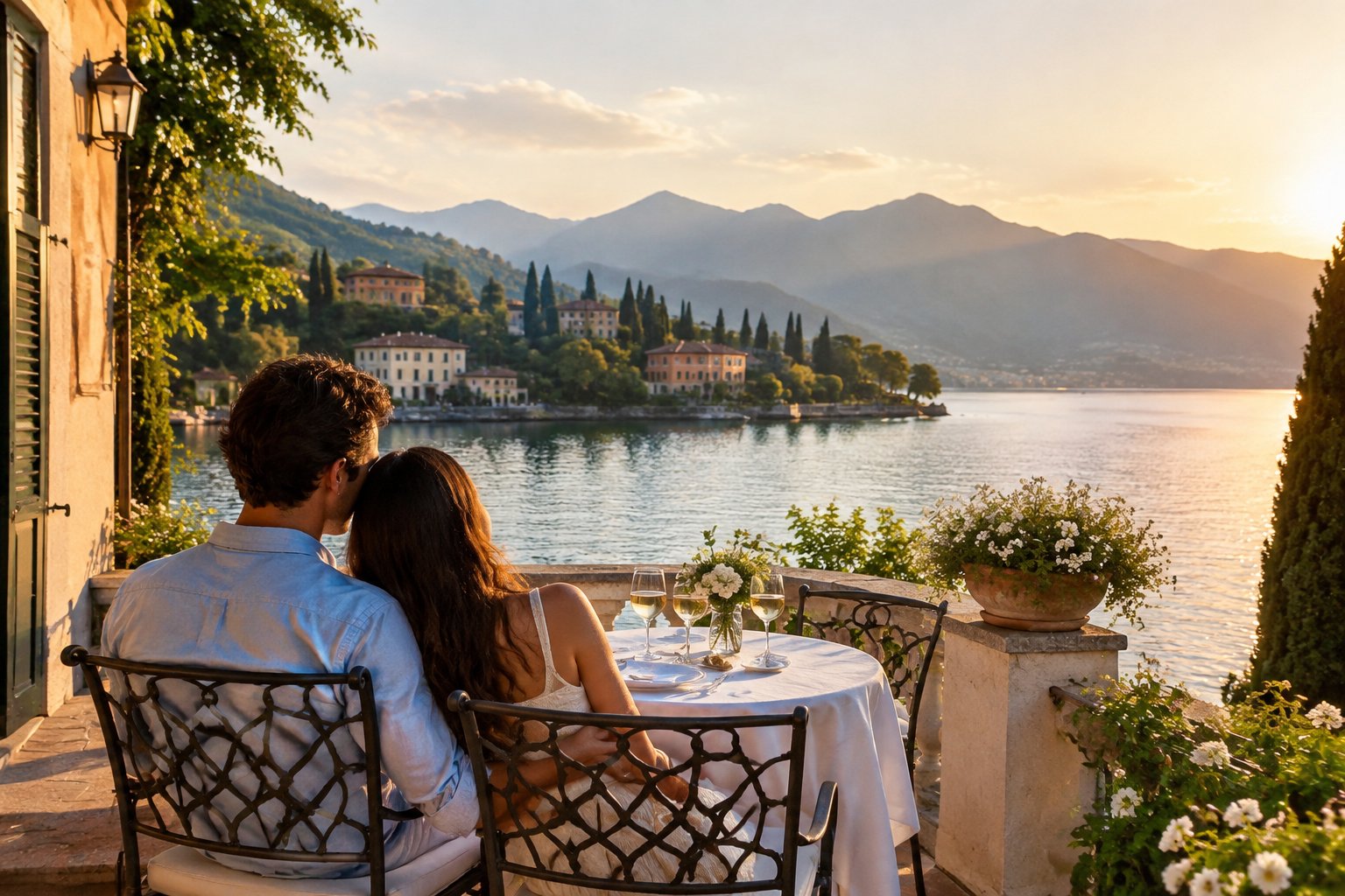A couple sits together on a villa terrace overlooking an Italian lake and green hills.