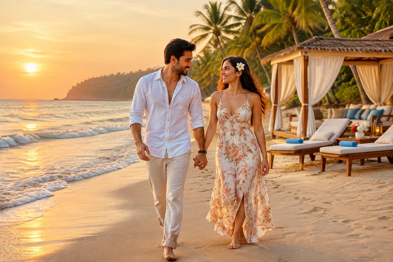 A newlywed couple walks hand in hand along a tropical beach in Goa.