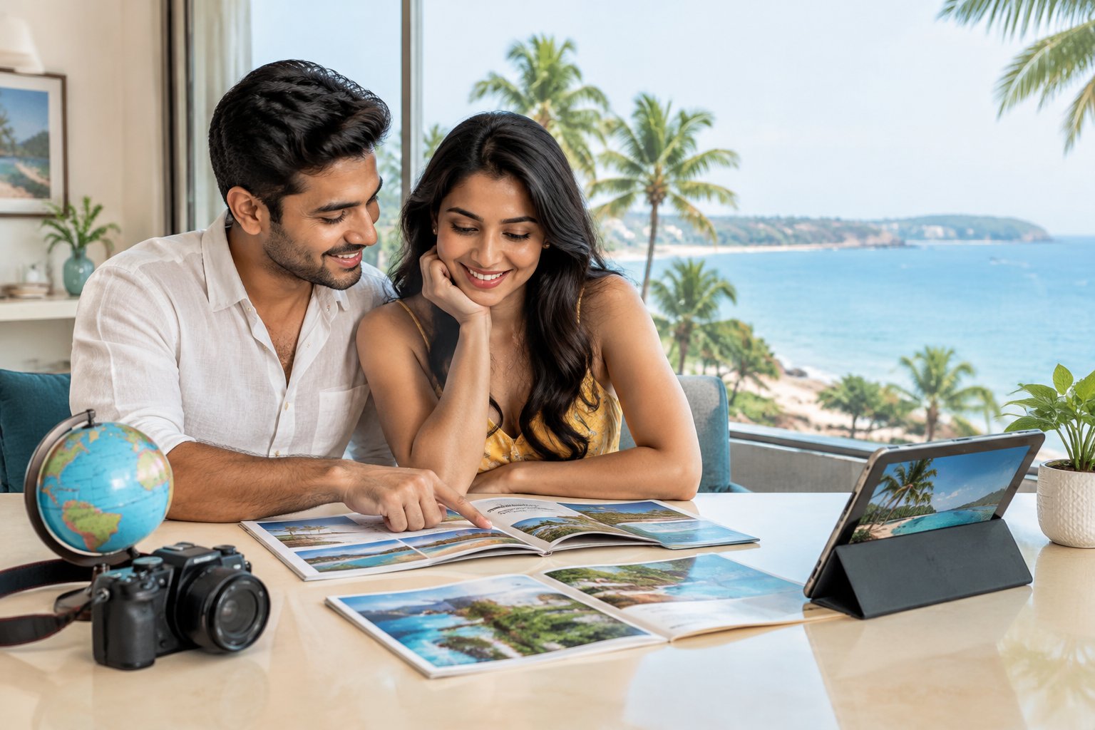A couple reviews travel options together beside a window overlooking a tropical coast.