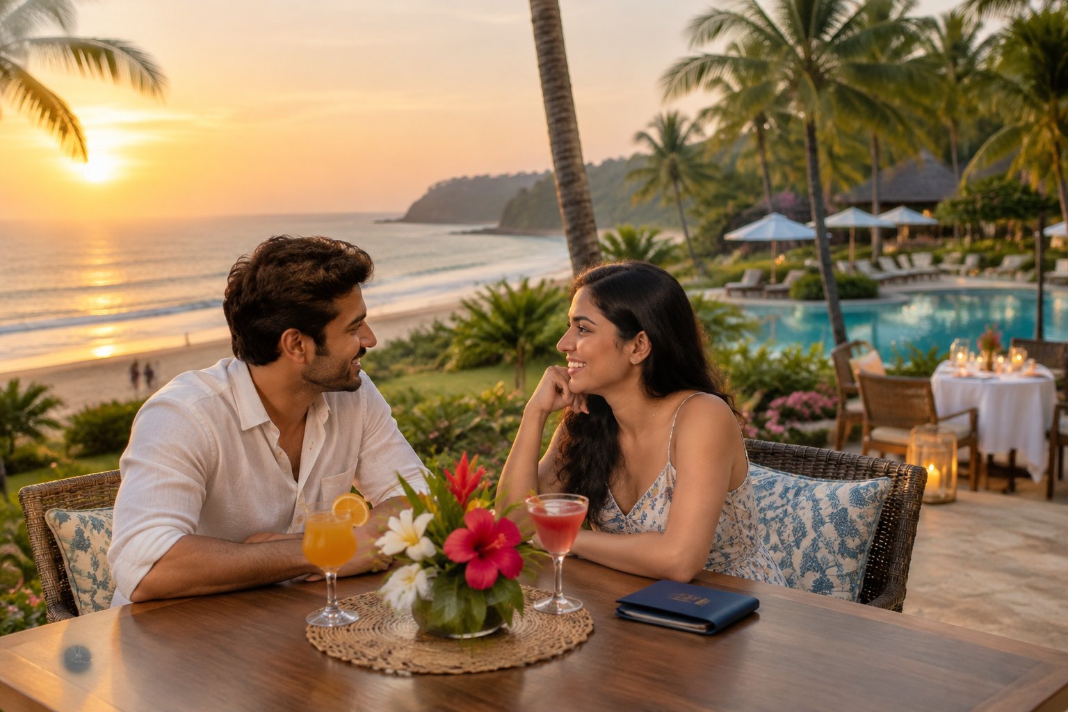 A newlywed couple shares a beachside dinner at a Goa resort.
