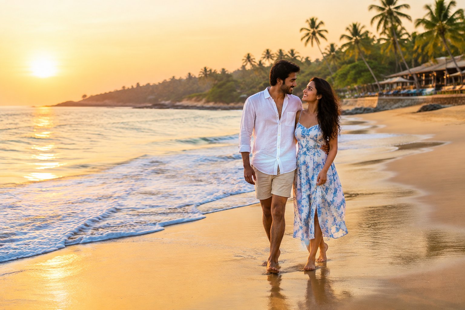 A couple walks together along a quiet beach in Goa.