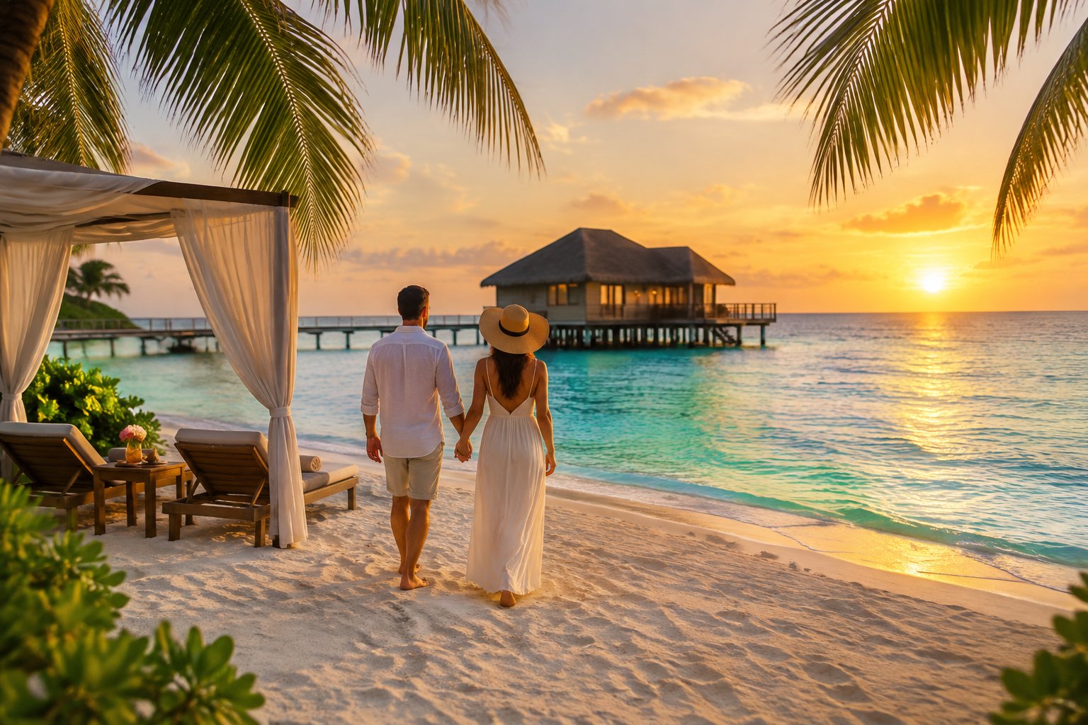 A couple walks hand in hand toward an overwater villa on a tropical beach at sunset.