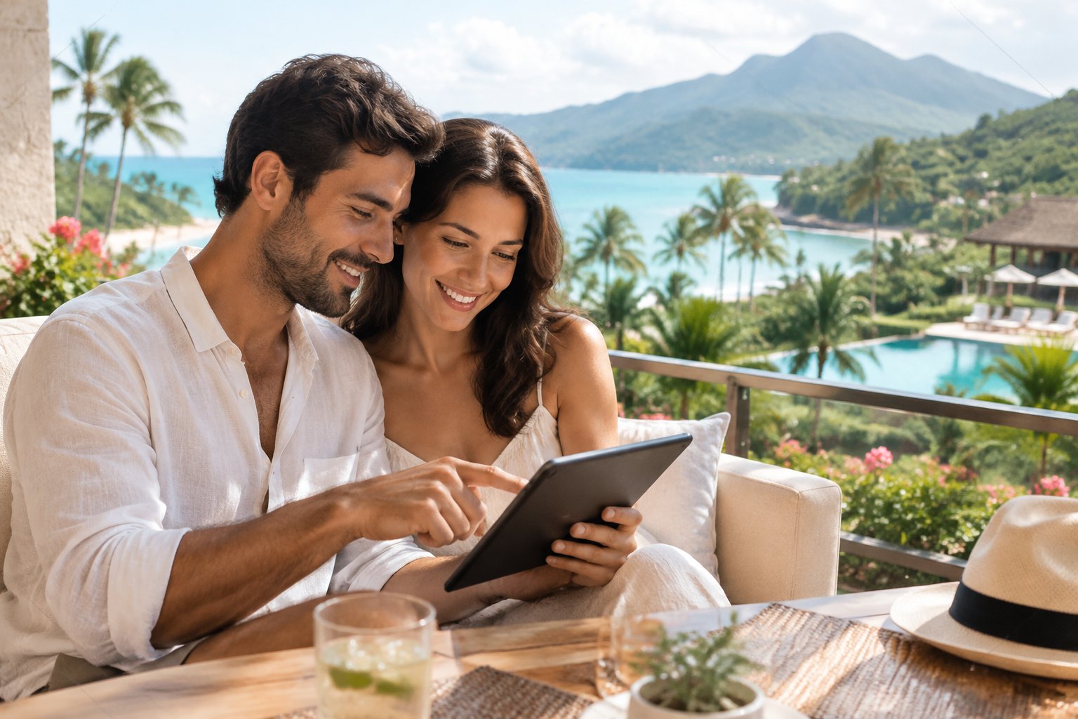 A newlywed couple compares honeymoon destinations on a tablet at a resort terrace overlooking the coast.