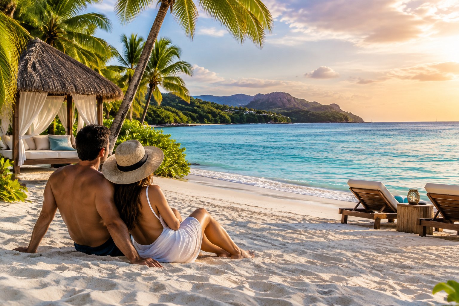 A couple relaxes together on a white-sand beach beside a tropical resort.
