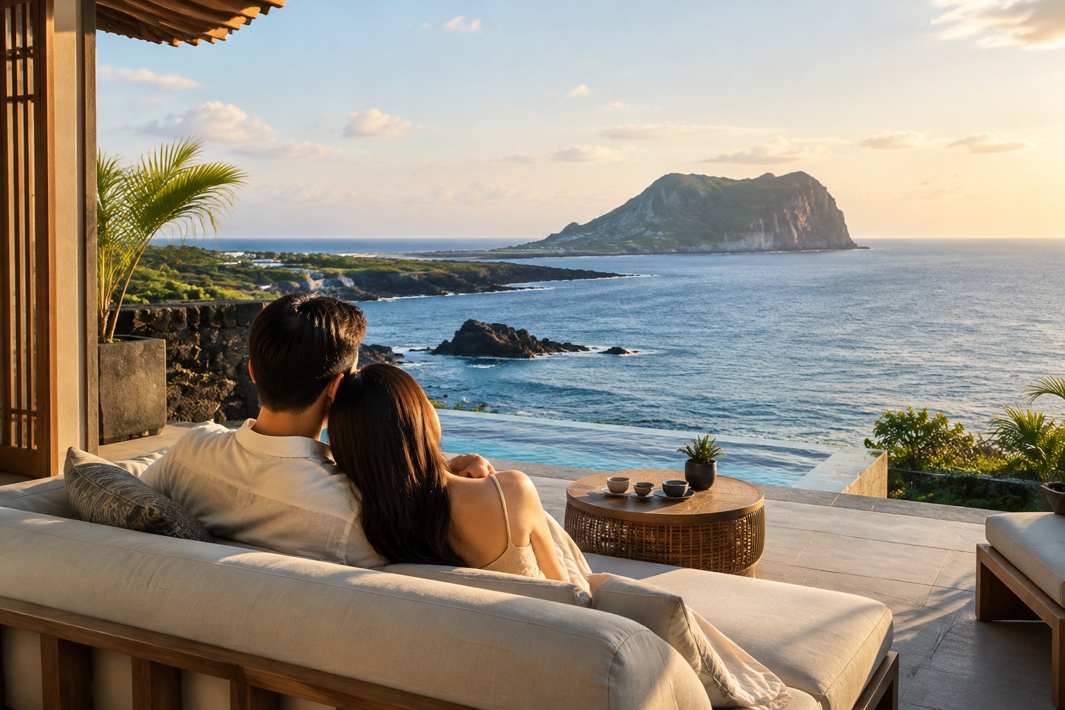 A couple stands on a resort terrace overlooking the sea and coastline.
