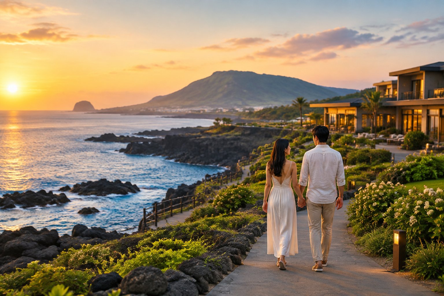 A couple walks hand in hand along Jeju Island’s coast near a seaside resort.