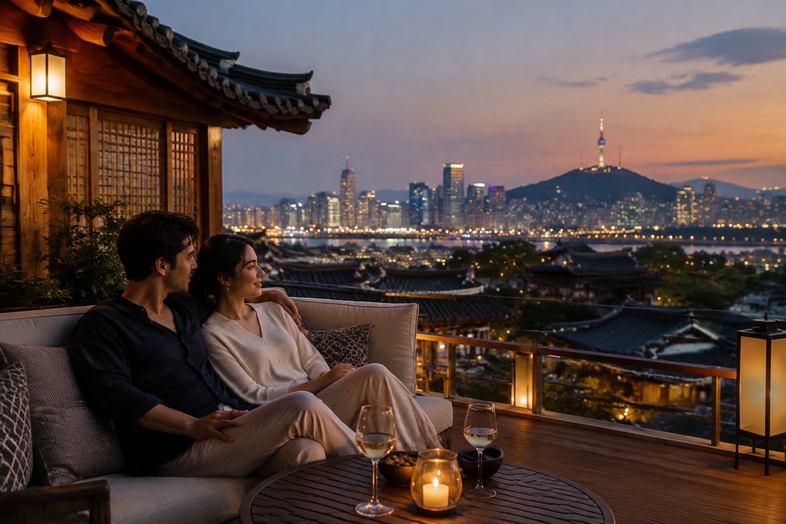 A couple shares a quiet moment on a hotel terrace overlooking Seoul at dusk.