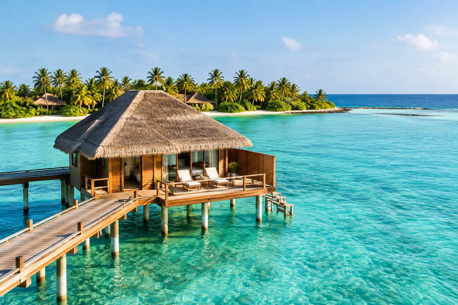 A thatched-roof bungalow stands above a turquoise lagoon beside a tropical island.