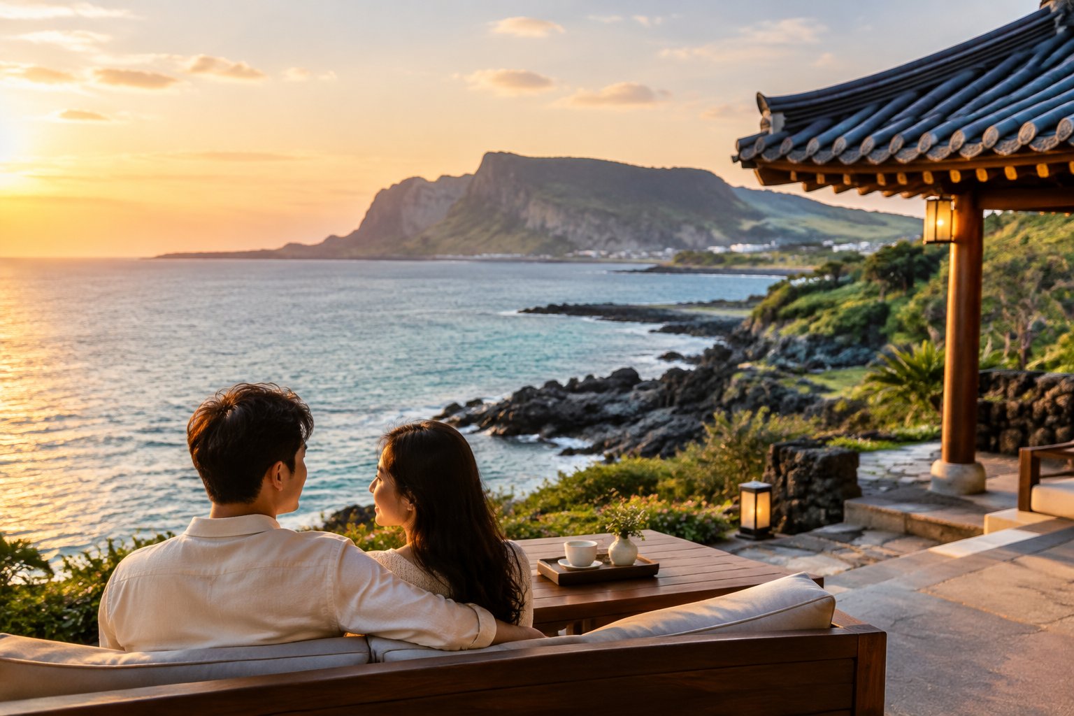 A couple shares a quiet moment on a terrace overlooking Jeju Island’s coast.