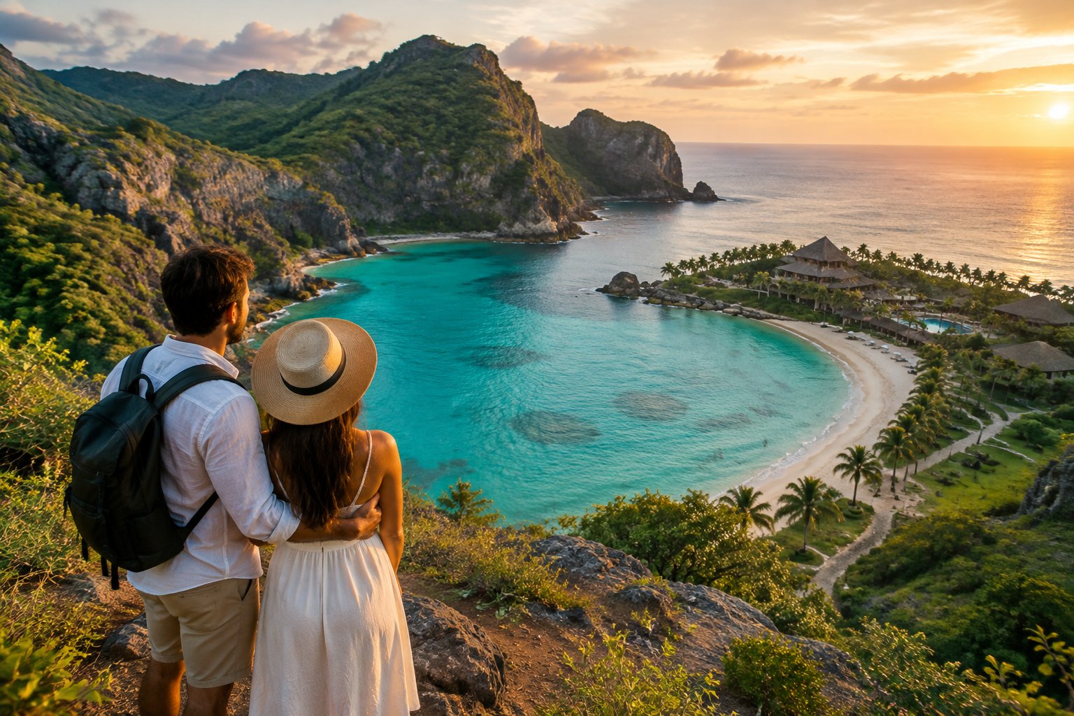 A couple explores a tropical coastline overlooking a turquoise bay and secluded resort.