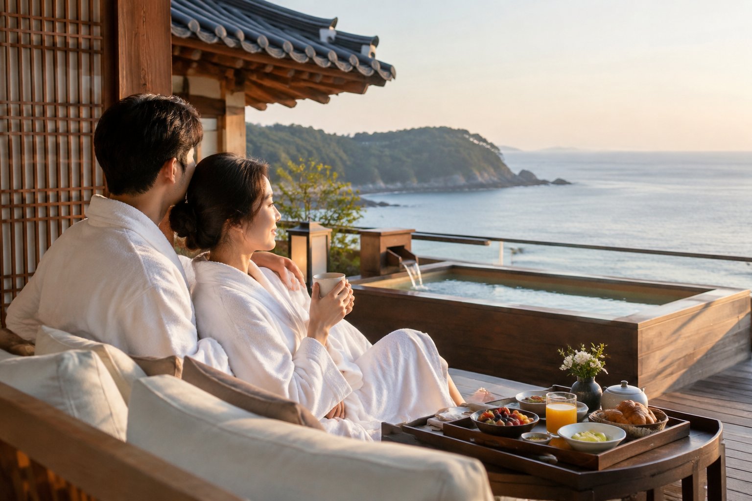 A newlywed couple relaxes on a seaside resort terrace beside an outdoor soaking tub and breakfast tray.