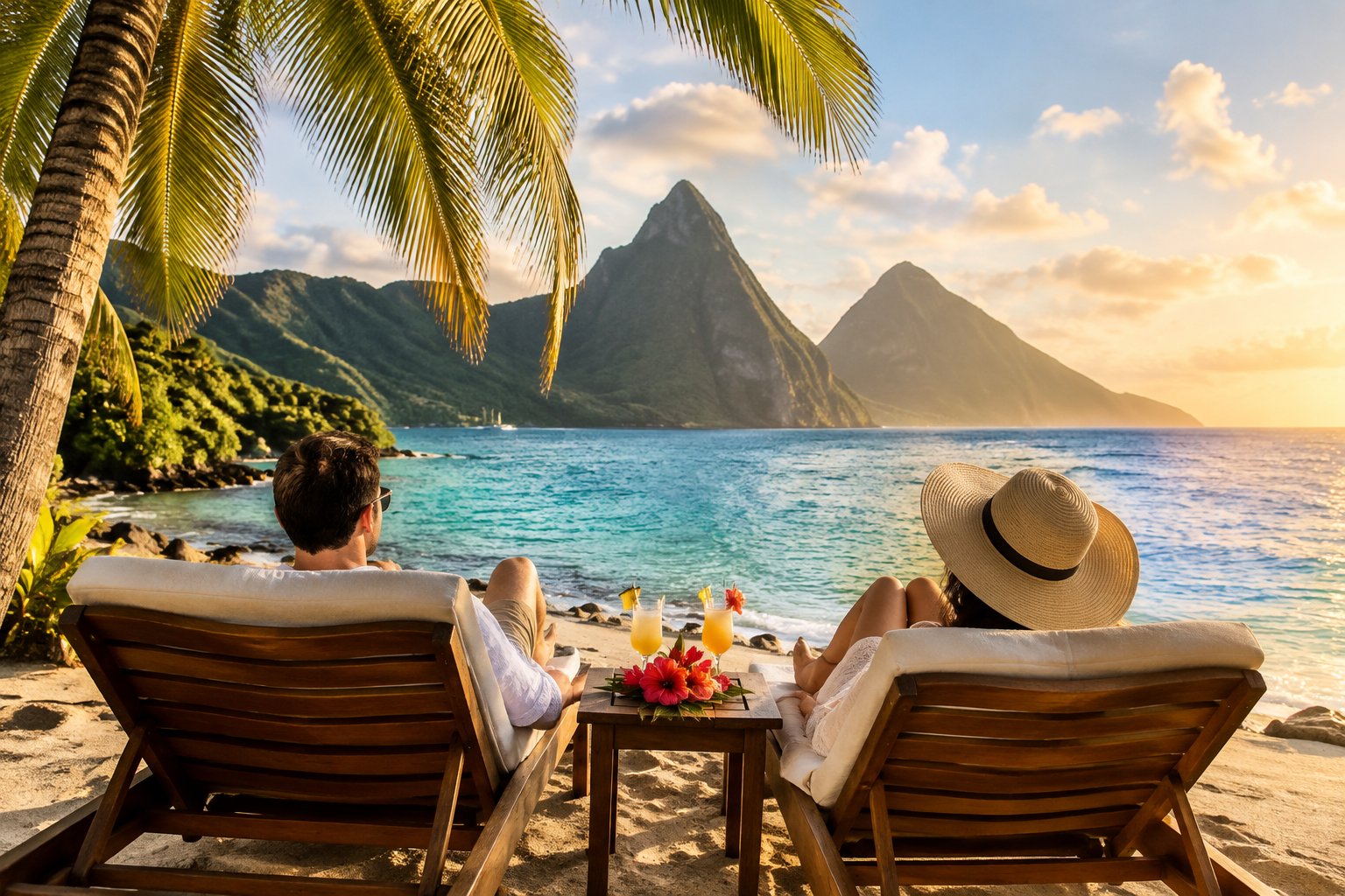 A couple relaxes together on a tropical beach with Saint Lucia’s Pitons in the distance.