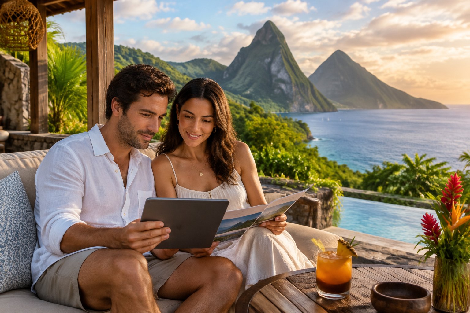 A couple reviews resort options on a terrace overlooking St. Lucia’s coastline and the Pitons.