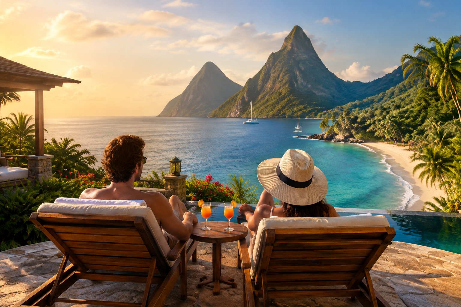 A couple enjoys a coastal view of St. Lucia’s Pitons and a tropical beach.